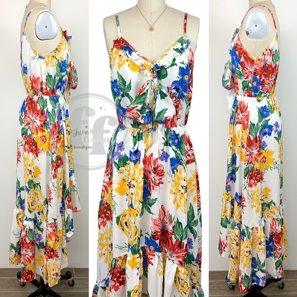 Gigio Rainbow Pop Art Floral Print Ruffle Bow Scarf Bodice High Low Maxi Dress - Picture 5 of 9